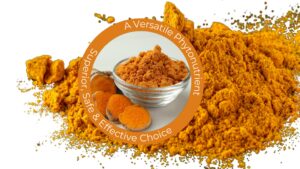 Slika praha kurkume u zdjeli koja je omeđena krugom na kojem piše da je proizvod vrhunski, siguran i učinkovit izbor