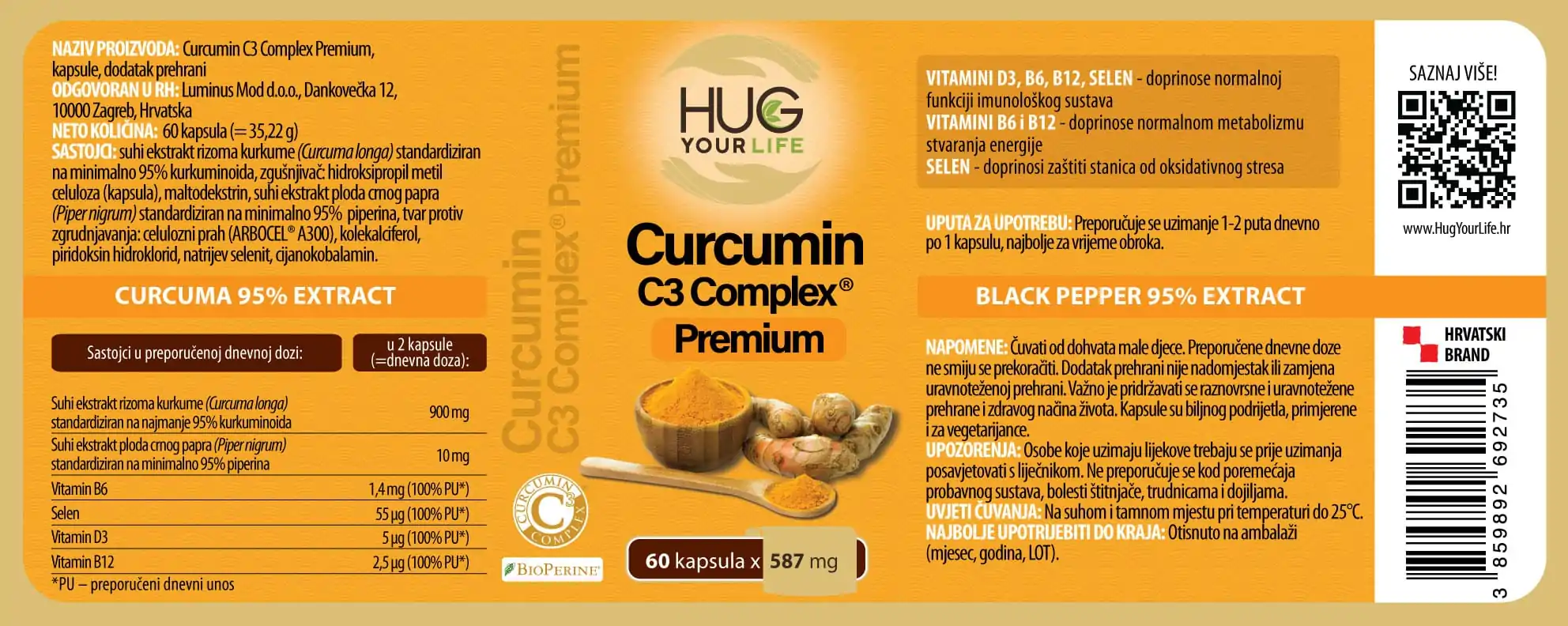 Etiketa Hug Your Life Curcumin C3 Complex dodatka prehrani
