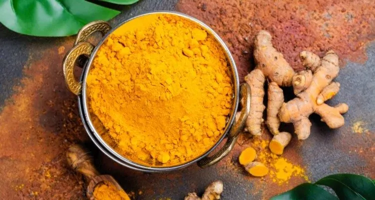 Prah kurkume u zdijelici na stolu pored korijena kurkume