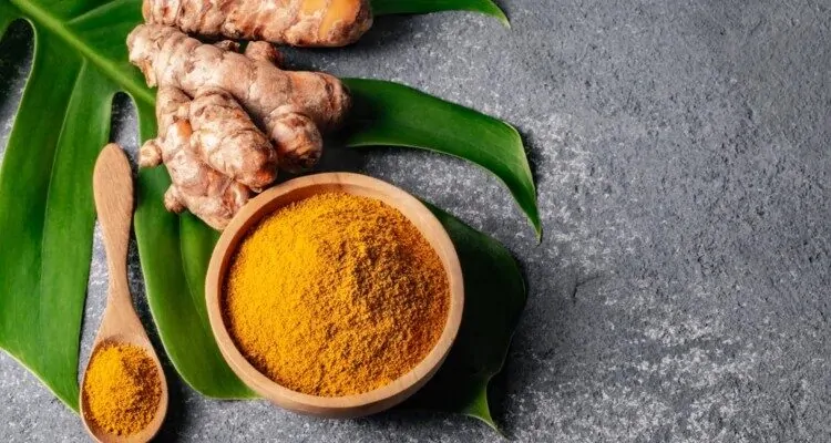 Kurkumin (Curcuma longa) Zdjelia s prahom kurkume i korijen kurkume kao biološka aktivna tvar koja smanjuje upalne procese