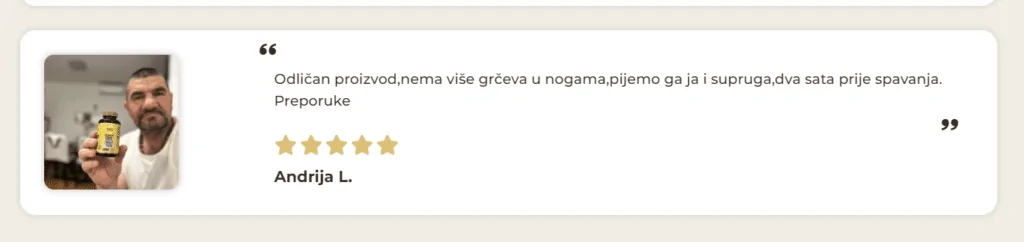 Recenzija korisnika Andrije za Magnezij Chelate 5 Complex, navodi da je proizvod odličan, i da nema više grčeva u nogama.